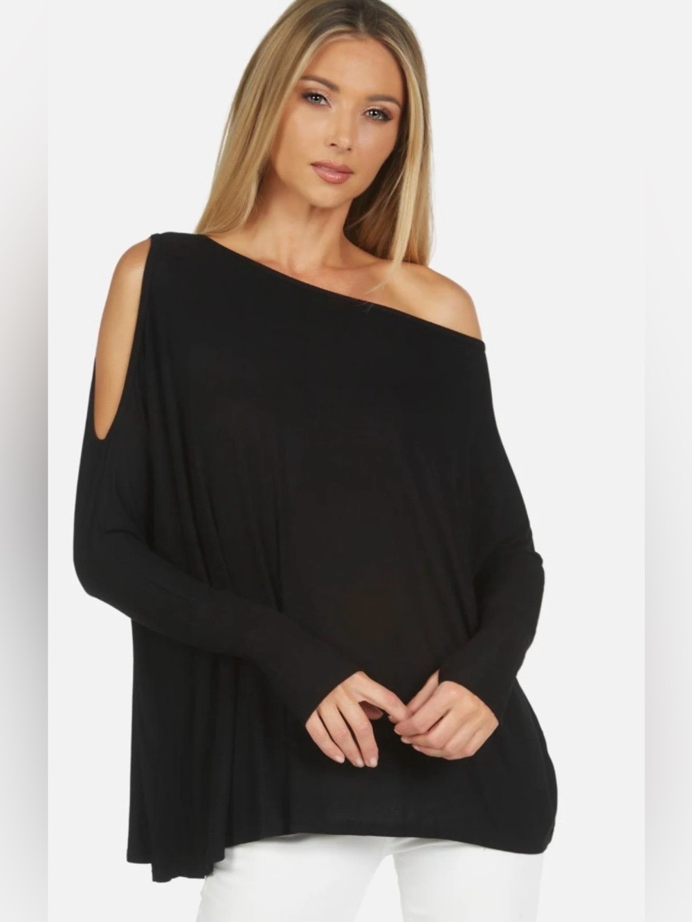 Michael Lauren Deuce Draped Top Black Rib Lightweight Thumbhole sweater Women L
